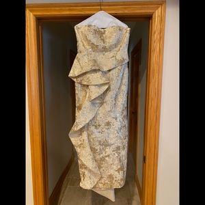 John Paul Ataker metallic gold gown with train and bustle. Size 10